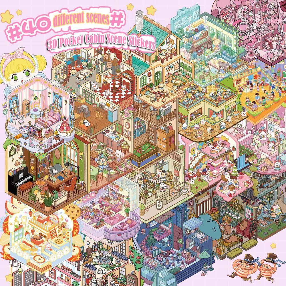 PET Miniature Scene Collection Decompression Visual Stacking 3D Pocket Cabin Scene Stickers DIY Toy Game Stickers Children Gifts