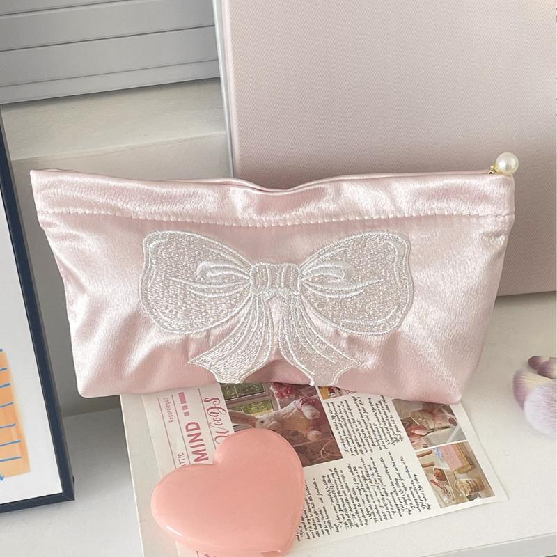 Pink Bow Cosmetic Bag Zipper Cute Embroidered Toiletry Organizer Makeup Bags Multifunctional Women Lipstick Key Coin Purse Pouch