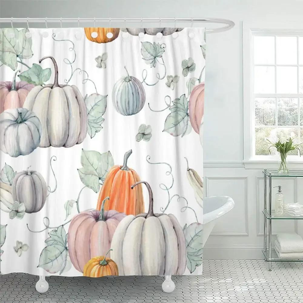 Autumn Fall Shower Curtains Brown with Thanksgiving Harvest Pumpkin Bathroom Curtain for Halloween Party Home Decor with Hooks