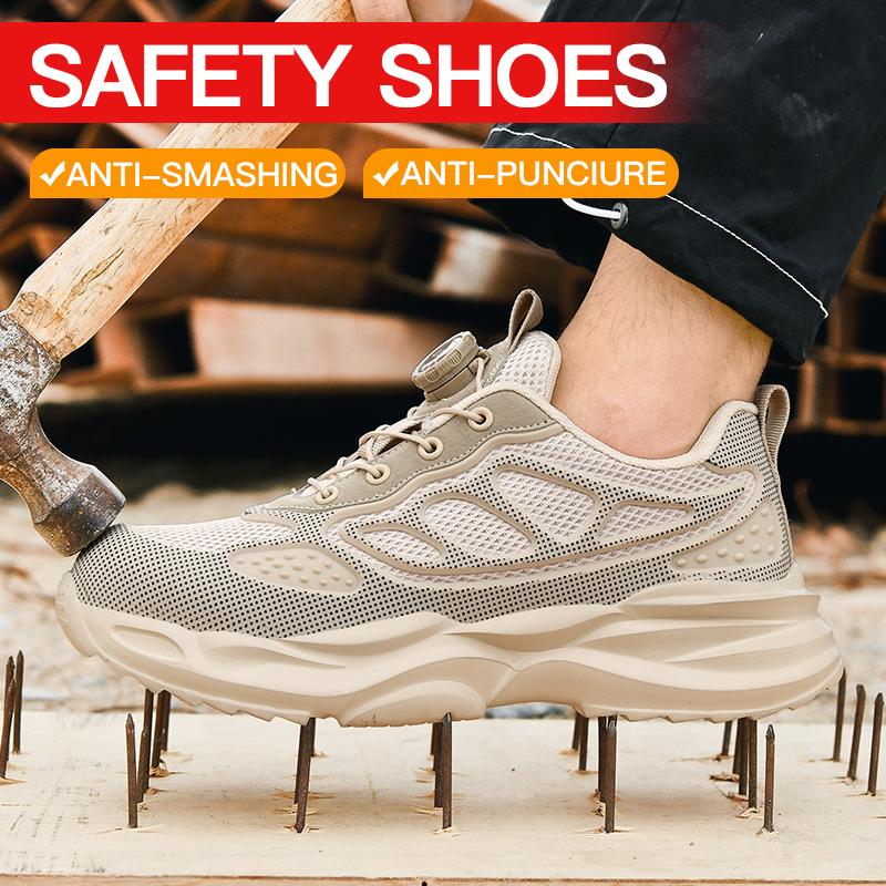 Fashion Couple Work Safety Shoes Rotating Button Steel Toe Men'S Shoes Big Size Work Sneakers Puncture-Proof Protective Shoes