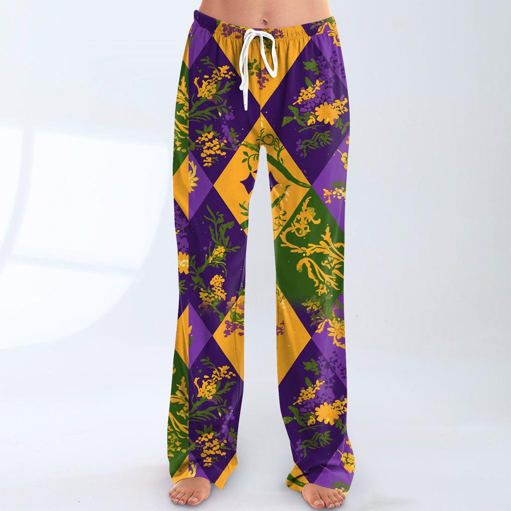 Ladies' Loose And Casual Carnival Printed Wide Leg Pants With Elastic Waistband Drawstring And Pocket Pants