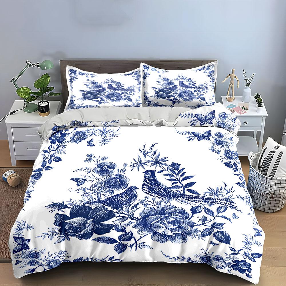 Blue Floral Birds Pattern Bedding Duvet Cover Set Duvet Cover Pillowcases (1*Duvet Cover 2*Pillowcases, Without Duvet Insert)