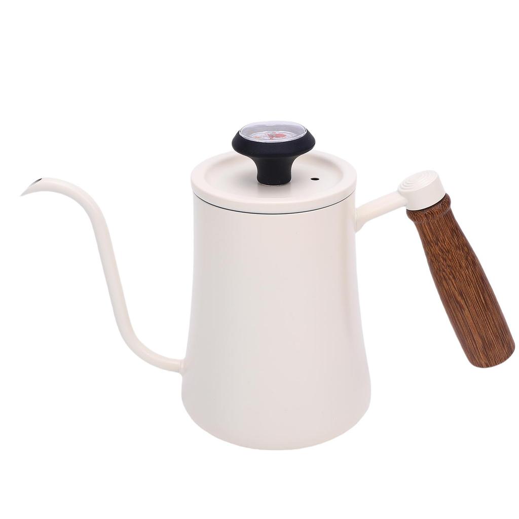 600ML Coffee Brewing Pot 304 Stainless Steel Water Pot with Temperature Meter Wood Handle   Spout