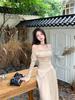 Women's Two-Piece Set: Tea-Colored One-Shoulder Irregular Top and Grey Wide-Leg Pants for Autumn