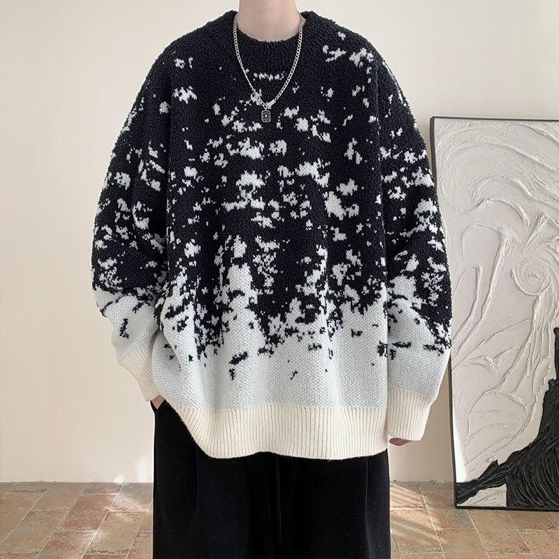 Christmas Snowflake Gradient Sweater Men's Autumn and Winter Red Round Neck Sweater Retro Japanese Casual Top