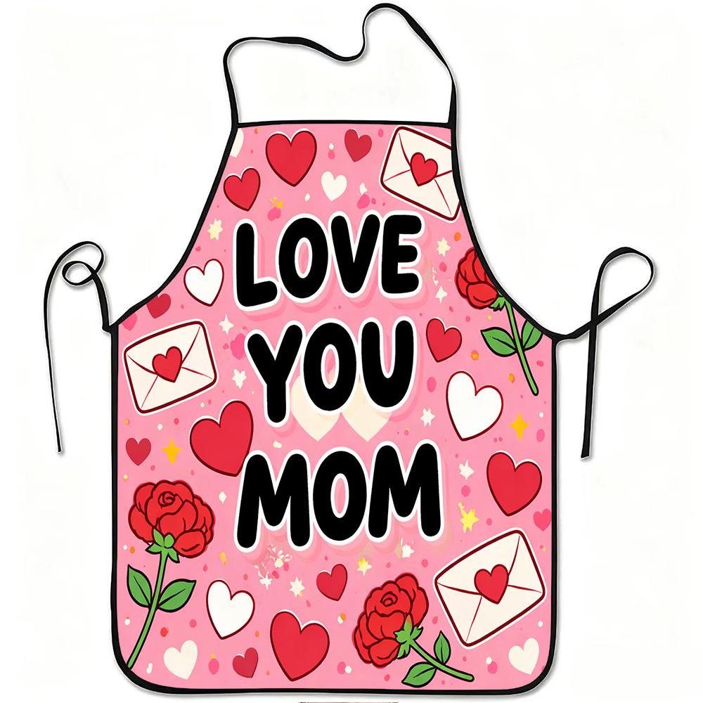 1pc Love You Mom Apron with Roses & Hearts Print, Adjustable Waistband, Durable Easy-Clean Polyester Suitable for Kitchen Cooking, Gardening, Picking,