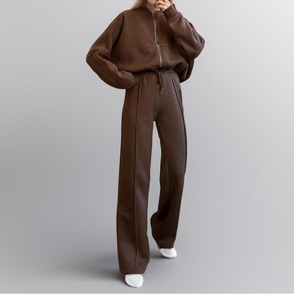 Høst Ensfarget Glidelås Casual Sport Langermet Topp med Snøring Casual Bukser Todelt Sett