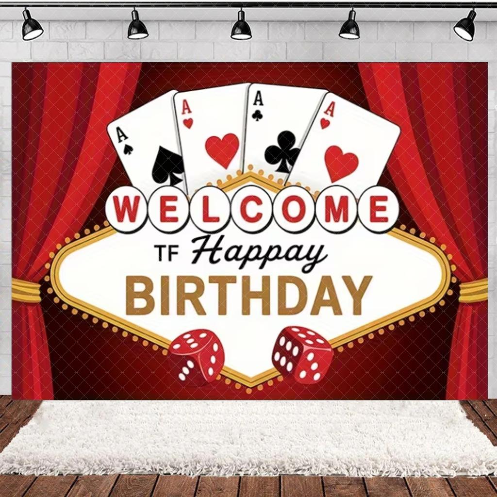 Casino Poker Chips Theme Birthday Party Decorations Playing Cards Money Golden Glitters Red Curtain BalloonS Cake Topper Banner