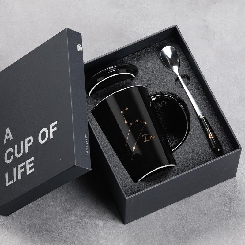 

12 Керамических кружек по знакам Зодиака, Стаканы для воды, Набор в подарочной коробке, Кофейная кружка с крышкой и ложкой 401-500ml