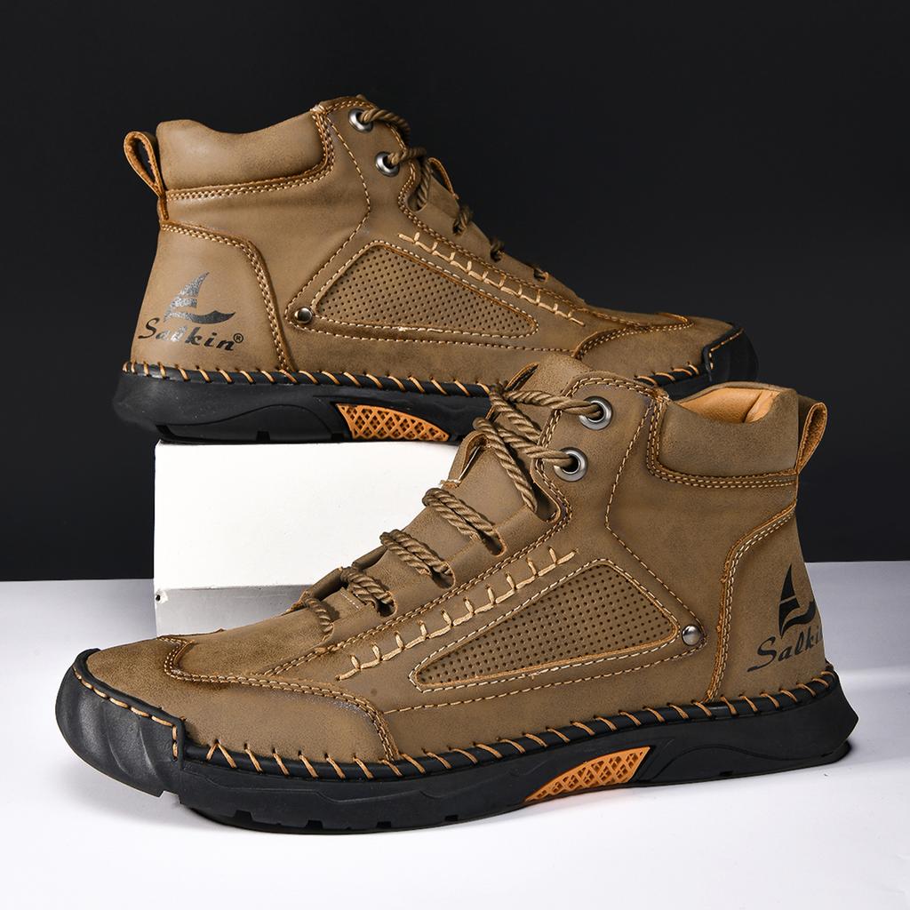 New Hand-stitching Casual Leather Shoes Men Boots Outdoor Autumn Retro Breathable Casual Shoes Lace Up Khaki Ankle Boots Winter