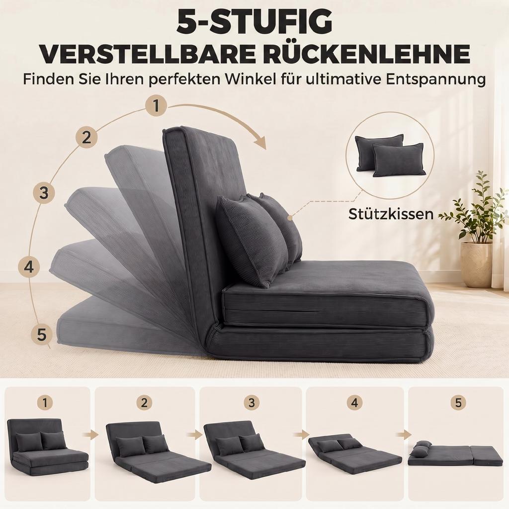 Floor Chair with Backrest, Corduroy Folding Sofa as Guest Bed, Adjustable Backrest, Wide Seat, Dark Grey