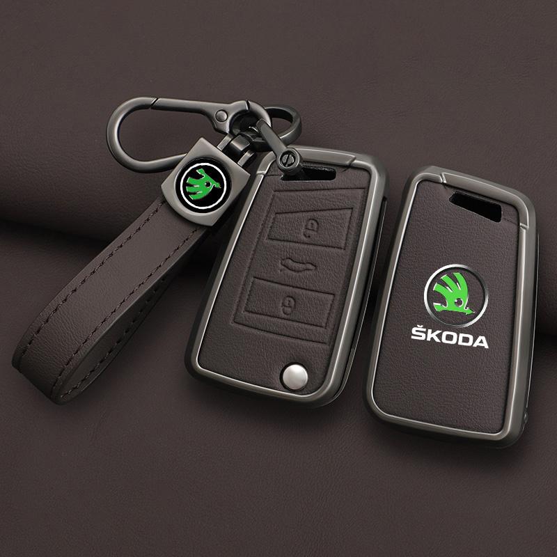 XOWS7 Zinc Alloy Leather Car Remote Key Case Cover Protector Shell Fob For Skoda Superb A7 Kodiaq Octavia A7 A8 Keychain Accessories