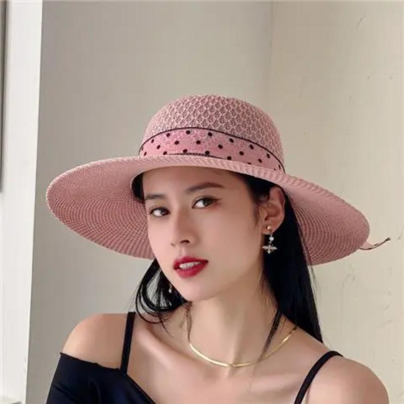 WTEMPO Women Spring Summer Casual Wide Brim Hats with Dot Ribbon Ladies Vacation Beach Sunscreen Hats