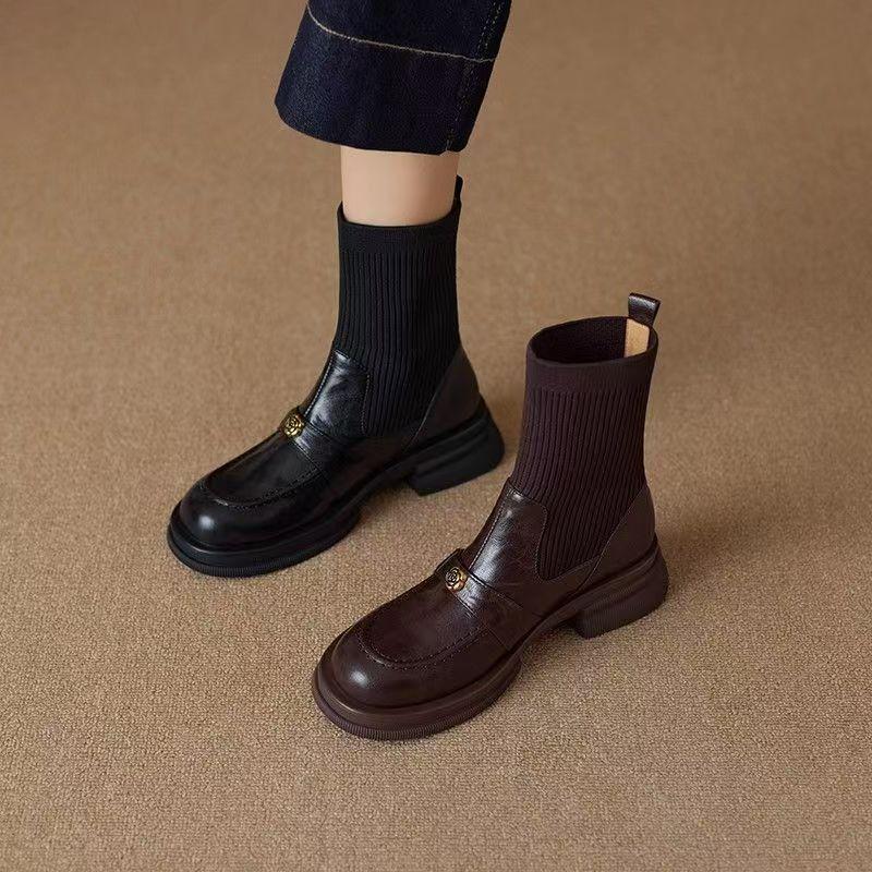 Women's Soft Leather Knit Sock Ankle Boots with Round Toe and Thick Sole, Plus Velvet Lining