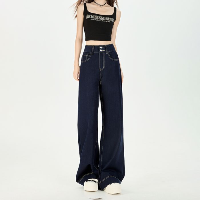 Spring Summer Wrinkle Resistant Four Way Stretch Non Cling Double Button Micro Flare Wide Leg Denim Pants Ladies Casual Pants Oversize Denim Trousers