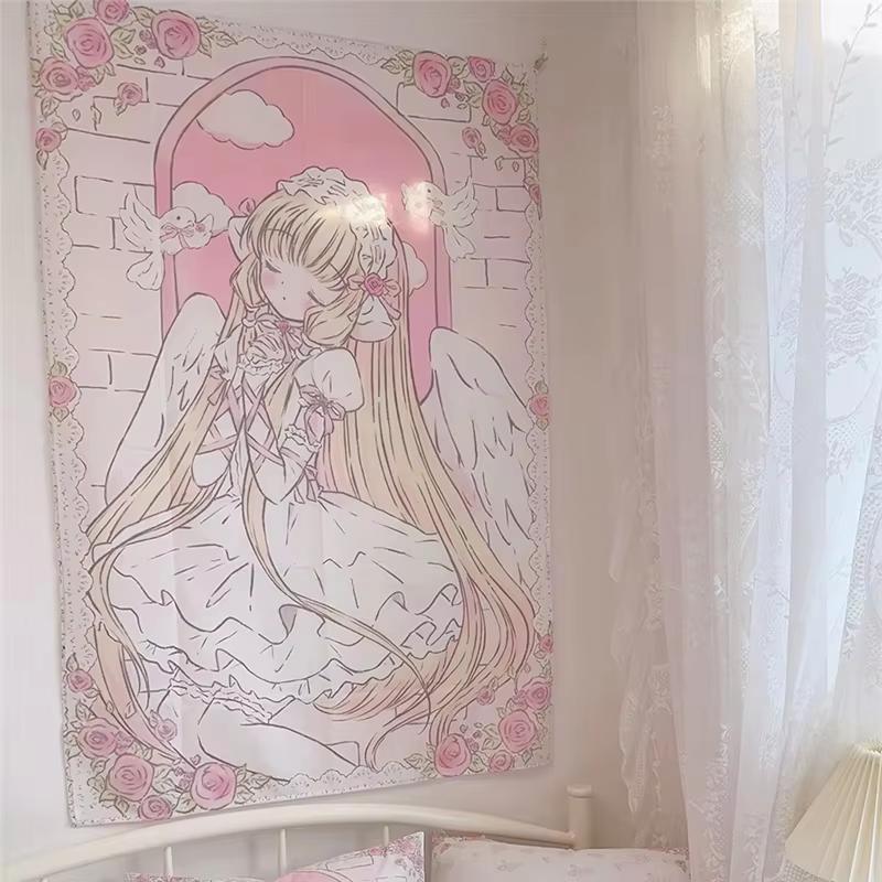 

VIKAMA Ангел Девочка Гобелен Розовый и Золотой Кружево Голубь Арка Аниме Стиль Декор Спальни Ins Стиль Гобелен Домашний Декор 74x94cm(29x37in)