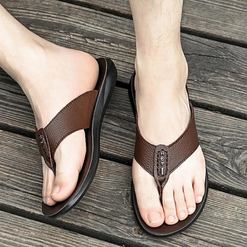 Summer Men's Flip Flops, New Leather Home Casual Sandals, Fashionable Outerwear, Soft Bottom, Anti Slip Beach Slippers