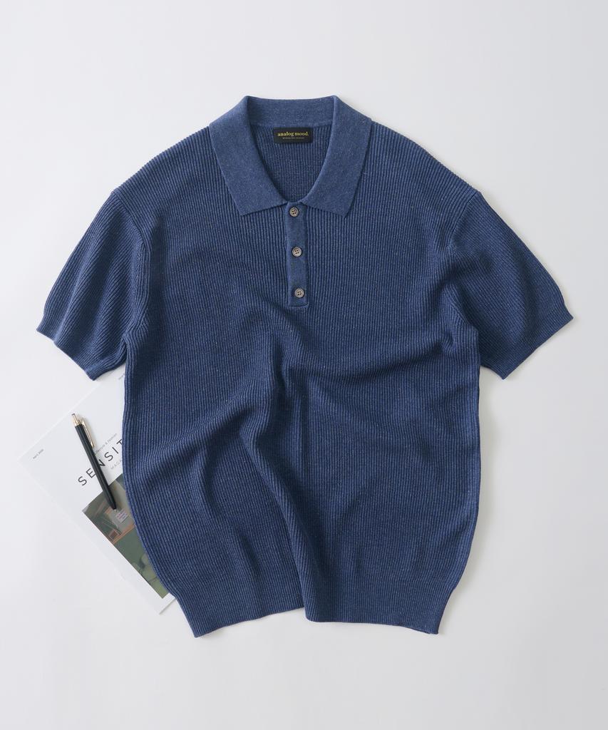 ANALOG MOOD Hacci Button-Up Collar Short Sleeve Knit (Blue)