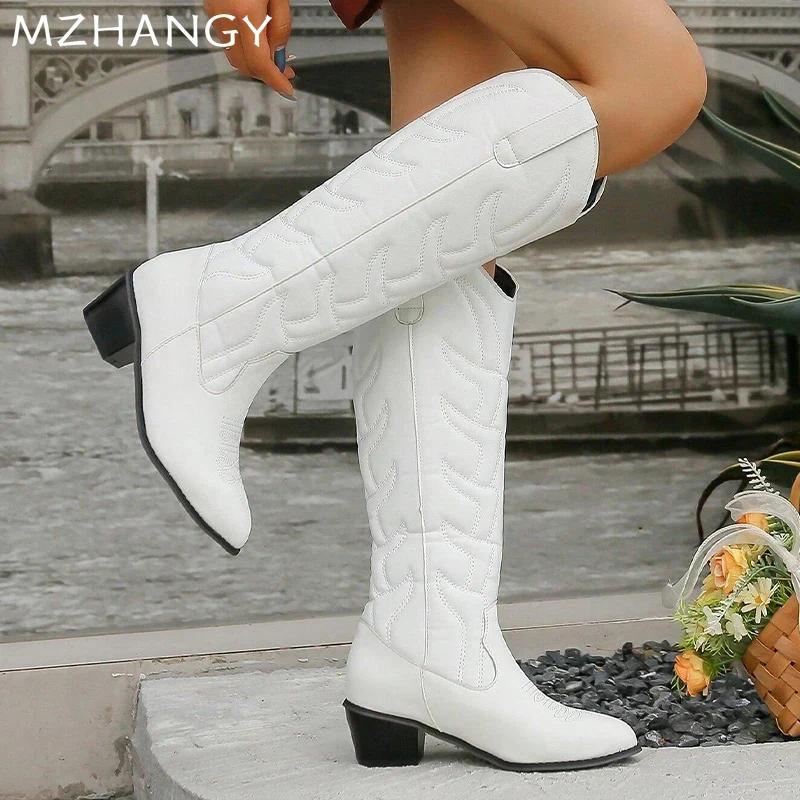 Pointed Toe Woman Snow Mid Calf Boots Designer Mid Heels Fashion Shoes Woman 2024 Trend Chelsea Boots Winter New Mujer Botas