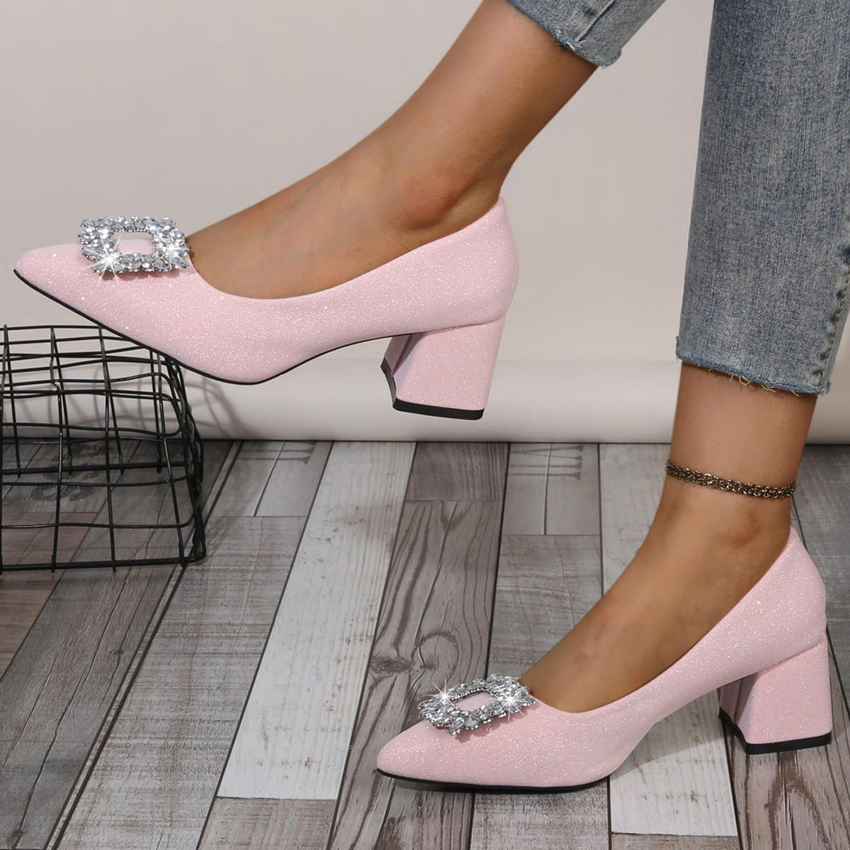 

Модные французские туфли-лодочки с острым носком, на толстом каблуке, с кристаллами, пайетками и стразами, 2025 Новые весенне-осенние универсальные банкетные туфли 40 розовый