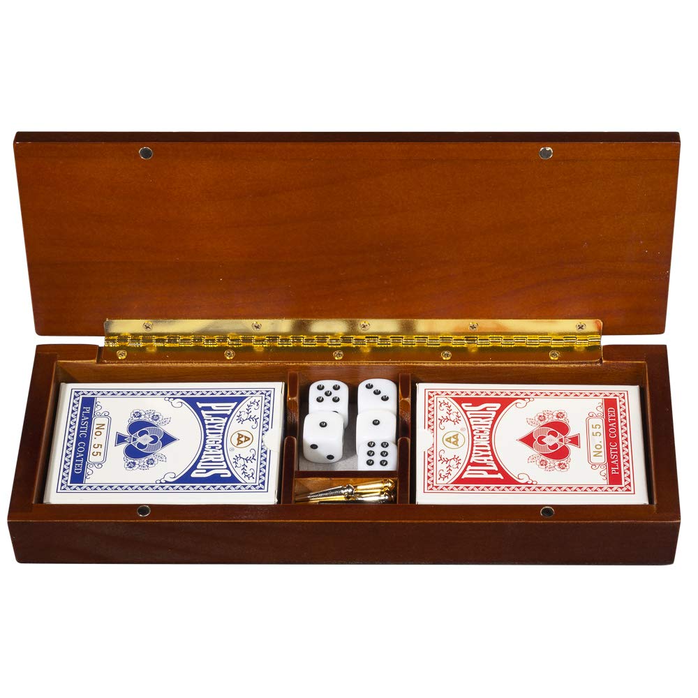 WE Games 3-Player Wooden Cribbage Set - Easy-Grip Pegs and 2 Decks of Cards - Walnut Stained