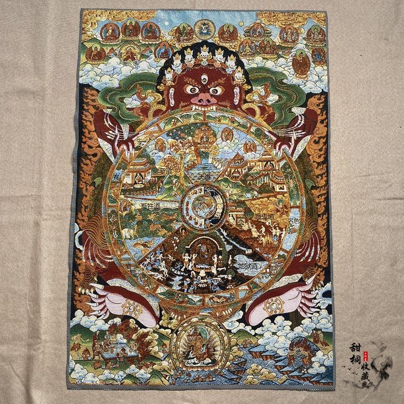 35"Thangka Embroidery Tibetan Buddhism silk Embroidery six arm Mahakala Vajra Buddha Thangka hanging screen Town house