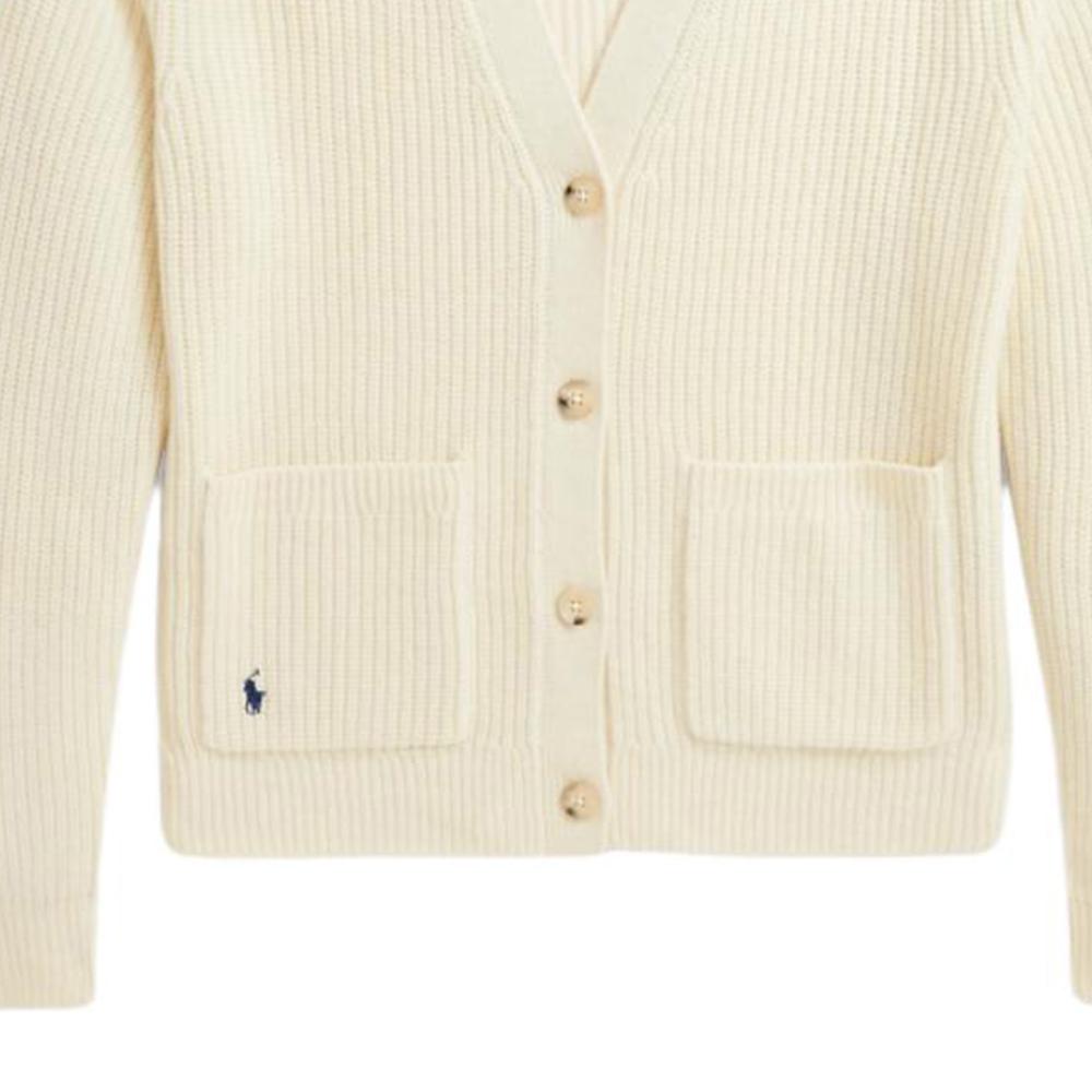 Polo Ralph Lauren Solid Logo Embroidered V-Neck Loose Long Sleeve Knit Sweater Women Sweater Cream WMPOSWENDW20303-100