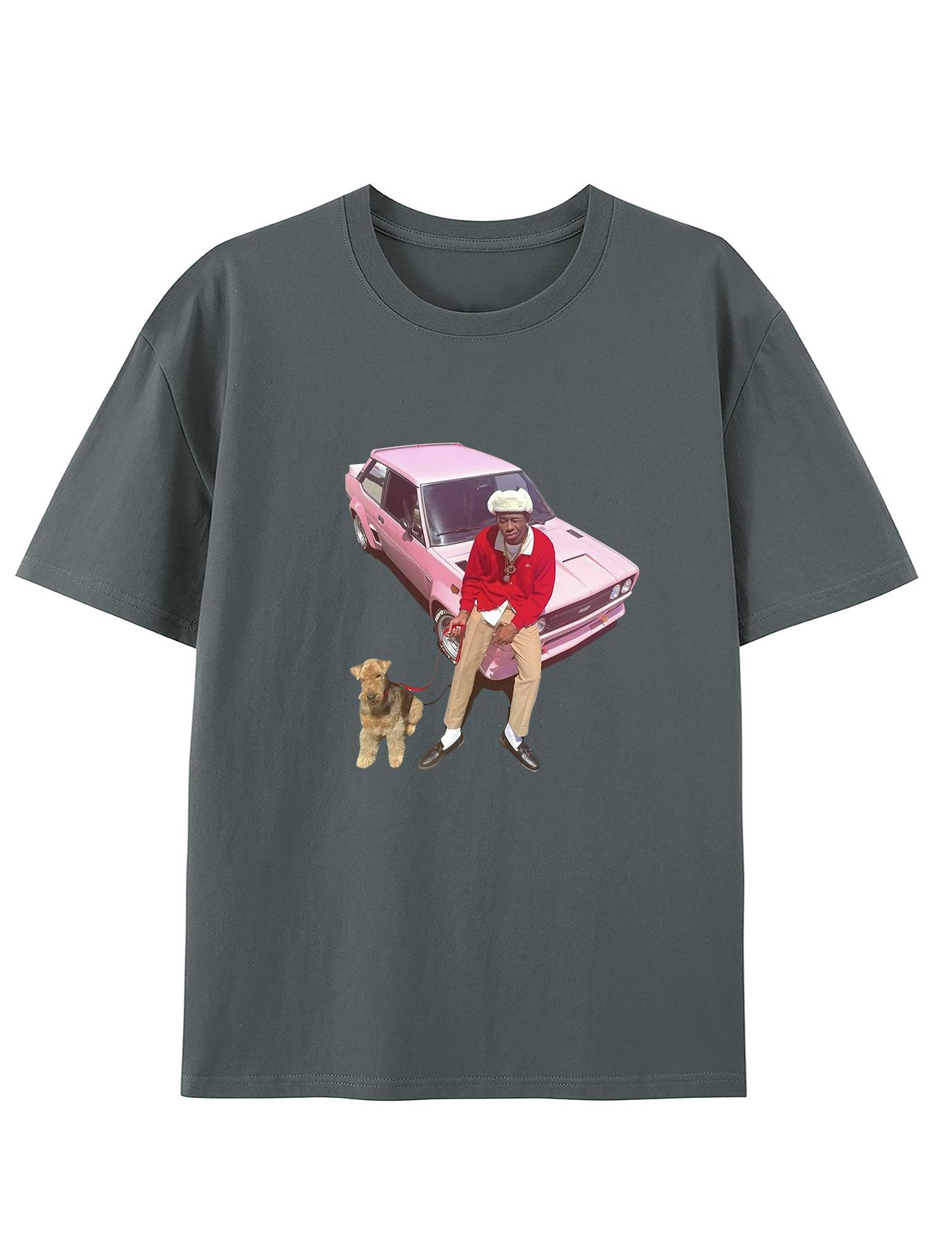 

One Car, One Person, One Dog Creative Pattern Round Neck T-shirt, Pure Cotton Summer Trendy Short Sleeve, Casual Daily Style Top 4XL