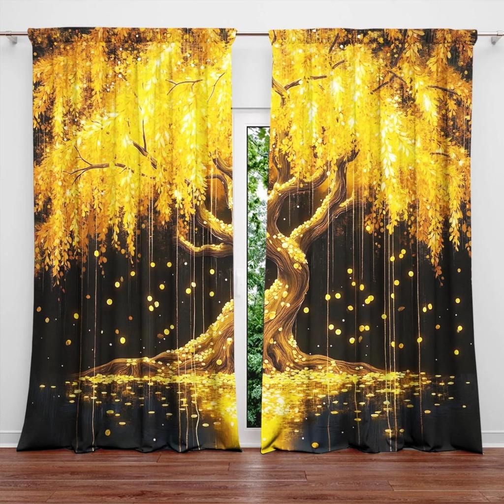 Set Of 2 Golden Willow Tree Curtains Polyester Living Room Window Decor Home Curtain Blackout For Made With Rod Pocket