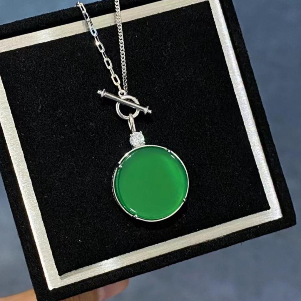 925 Sterling Silver Women's Pendant Necklace with Natural Green Chalcedony and Round Diamond-Set - Elegant Light Luxury Style