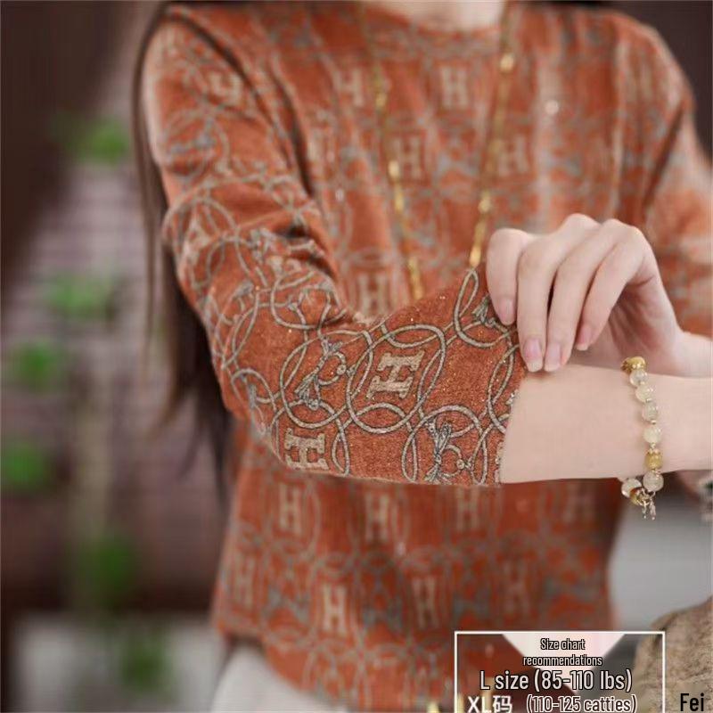 Elegant Round Neck Long Sleeve Printed Top for Middle-Aged Women - Autumn/Winter Warm, Age-Reducing Belly Cover Design