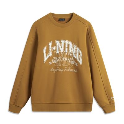 Li Ning Sports Lifestyle Serie Fleece Buchstaben Rundhals Pullover Vielseitiges Lässiges Langarm-Sweatshirt Unisex-Sweatshirt Goldbraun AWDU979-6