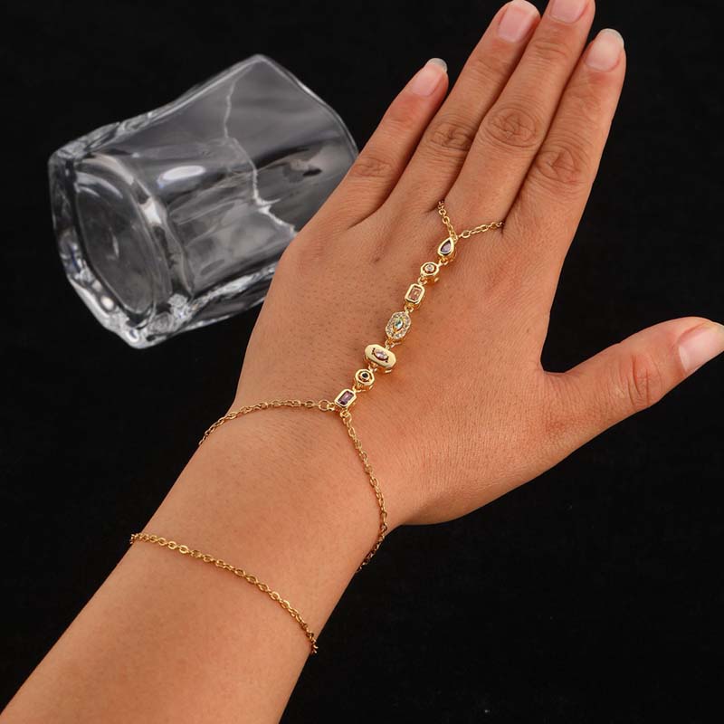 Stainless Steel Colorful Crystal Hand Chain Bracelet For Women Fashion Gold Color Water Drop Finger Bangle Bracelet Hand Jewelry