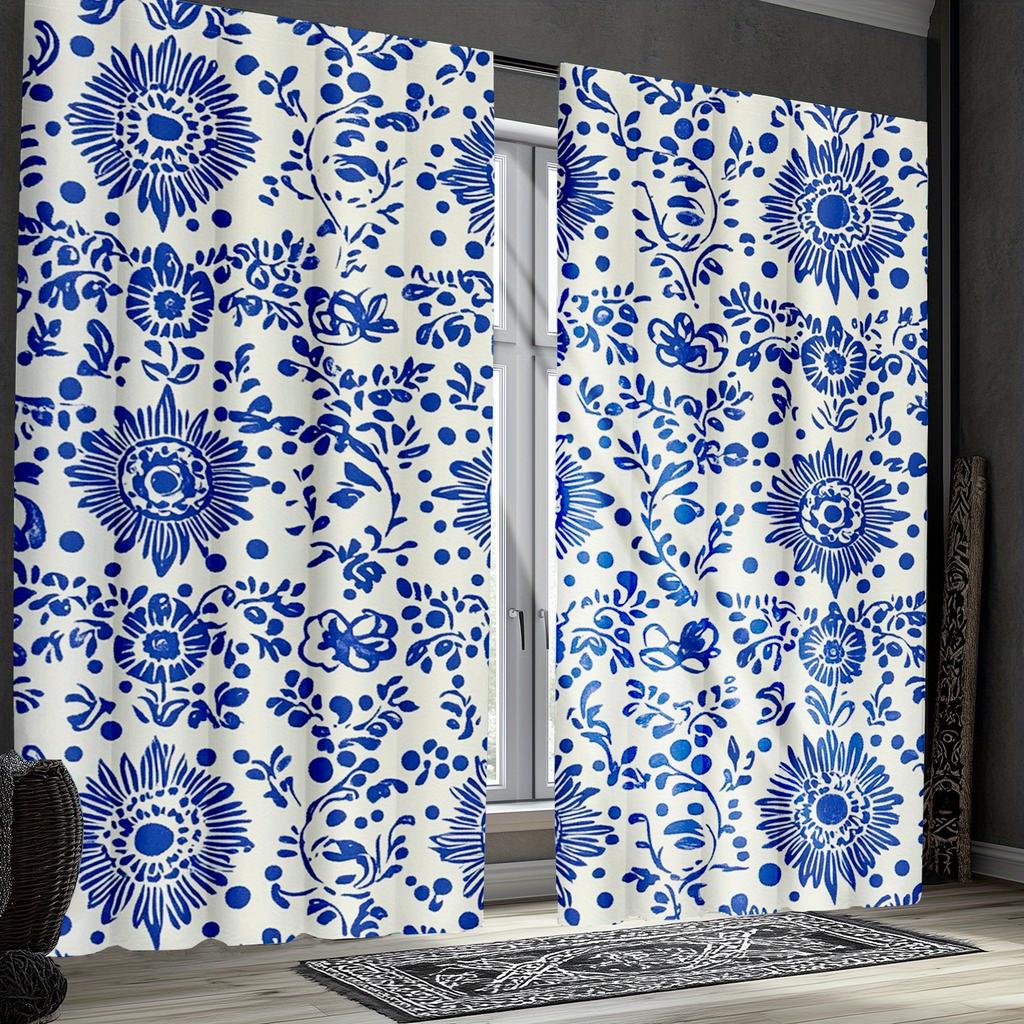 2pcs Traditional Mexican Floral Talavera Curtains   Polyester Semi-Sheer Panels   Machine Washable   Rod Pocket Hanging   Woven Fabr