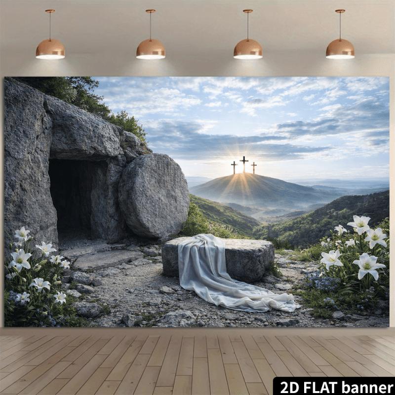 Christian Easter Tapestry - Empty Tomb with Crosses, Lily Flowers, Religious Art for Wall, Polyester, Various Sizes 70x100cm