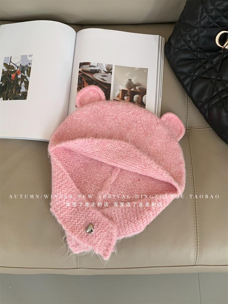 Bear wool hat female cute face small wool knitted hat warm ear protection Lei Feng hat wholesale