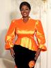 Plus Size Women's Orange V-Neck Puff Sleeve Slimming Top with Irregular Ruffles