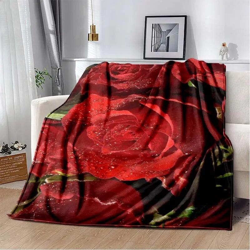Patterned Red Rose Lightweight Flannel Blanket ,Warm Soft Cozy Blanket Home Decor Birthday Gift For All Season Blanket