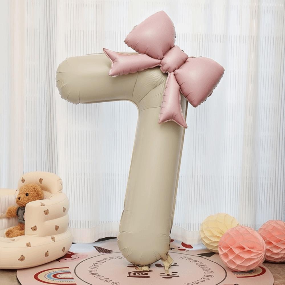 40 Inch Number 0-9 Balloon Cream White with Light Pink Bow Aluminum Foil Balloons New Year Decorations Birthday Party Balloons