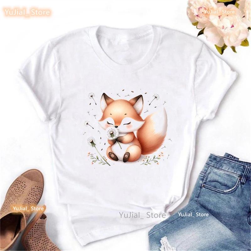 Watercolor Fox Wish Dandelion Animal Printed T Shirt Girls Kawaii Clothes Summer Fashion Tshirt Unisex Harajuku Shirt
