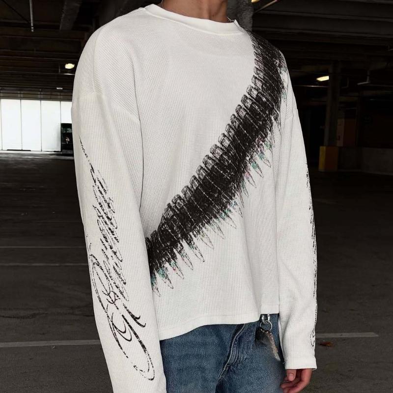 European and American Style Dark Printed Round Neck Long Sleeved Retro Street Trend Pullover Top