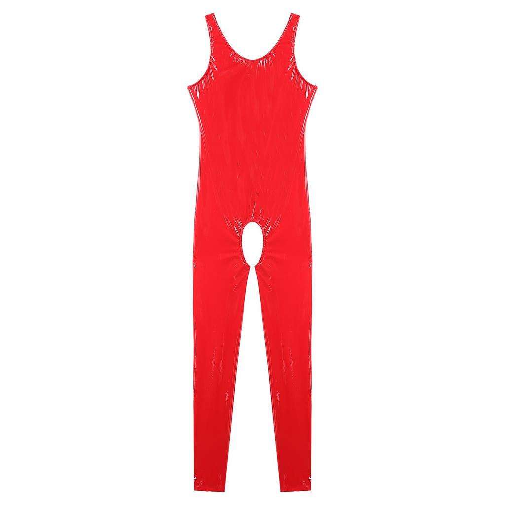 Women's Jumpsuit Liquid Wet Look One Piece Leotard Sleeveless Catsuit Open Crotch Clubwear