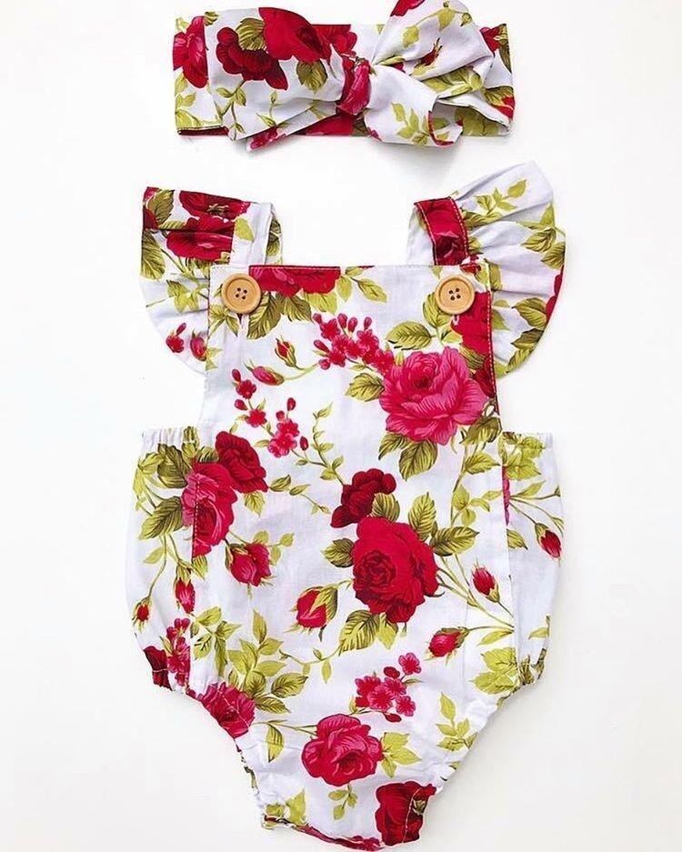 Newborn Baby Girls Floral One Piece Bodysuit Romper Headband 2Pcs Sets Outfits