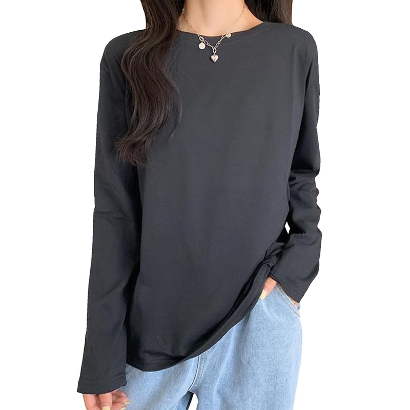 

[Trnvco] long sleeve t-shirt Ladies [8.11 oz. 100% cotton] Round neck tops oversize Dress slimmer cut and sew Plain color crew neck inner shirt