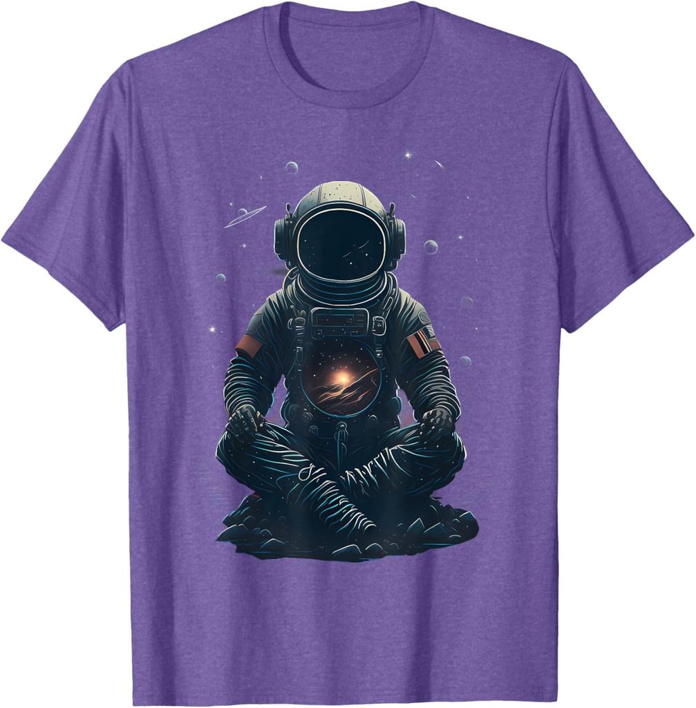 Meditating Astronaut Galaxy Print Casual Cotton Short Sleeve Graphic Tee for Men