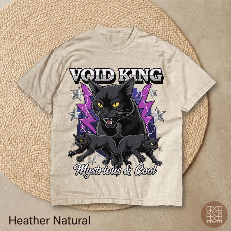 Void King Black Cat T-Shirt, Retro 90s Vintage Rap Tee Style, Mysterious and Cool Panther Kitten Lightning Graphic, Streetwear Edgy Gift 150