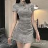 Skinny Chinese new retro button dress waist cheongsam women's printed summer temperament slim skirt