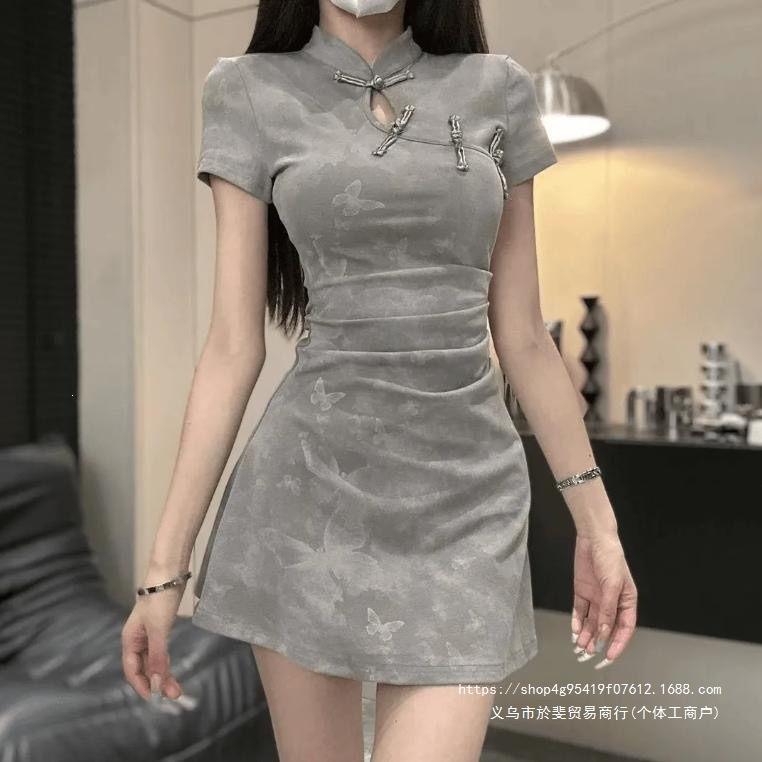 Skinny Chinese new retro button dress waist cheongsam women's printed summer temperament slim skirt