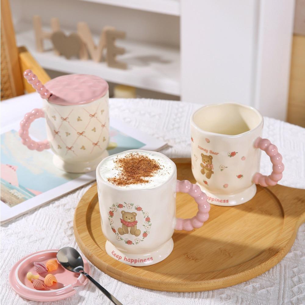 Cute pink bear ceramic mug with lid birthday gift household drinking water high value water cup souvenir gift girl