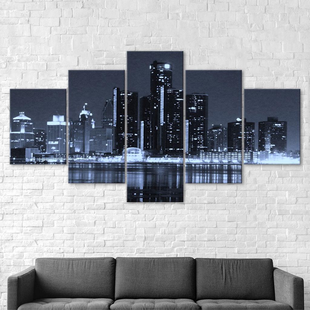 Detroit Michigan Cityscape Skyline Dark Night 5 Piece Five Panel Wall Canvas Print Modern Art Poster Picture Home Decor Gift For Him Her